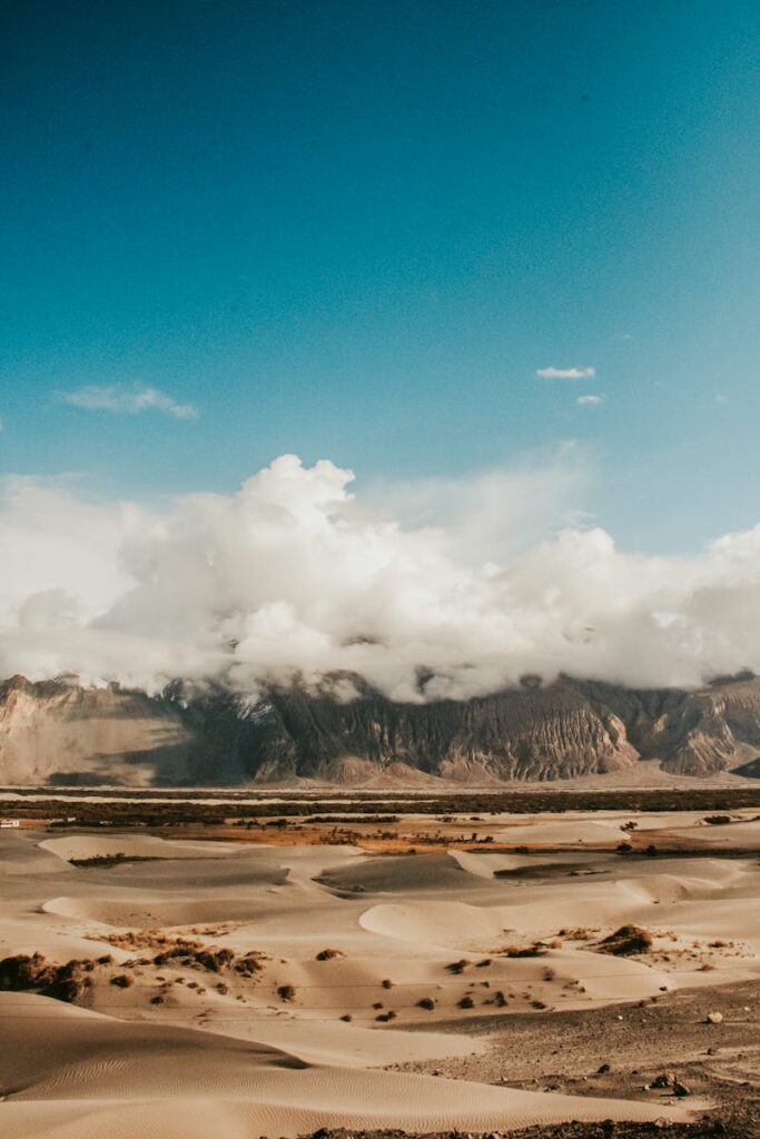 Explore the captivating sand dunes and towering mountains under a vivid blue sky in Leh, India.