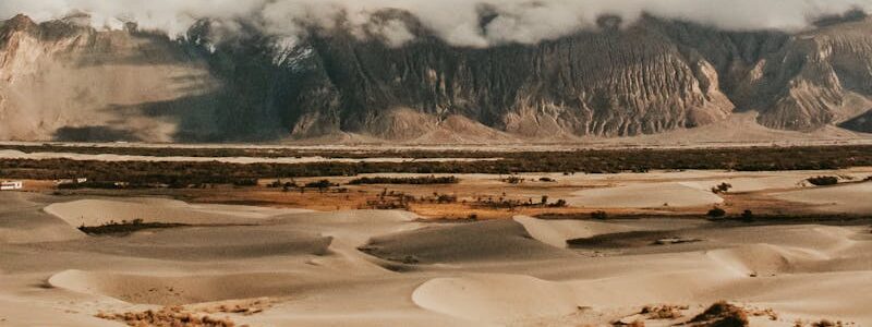 Explore the captivating sand dunes and towering mountains under a vivid blue sky in Leh, India.