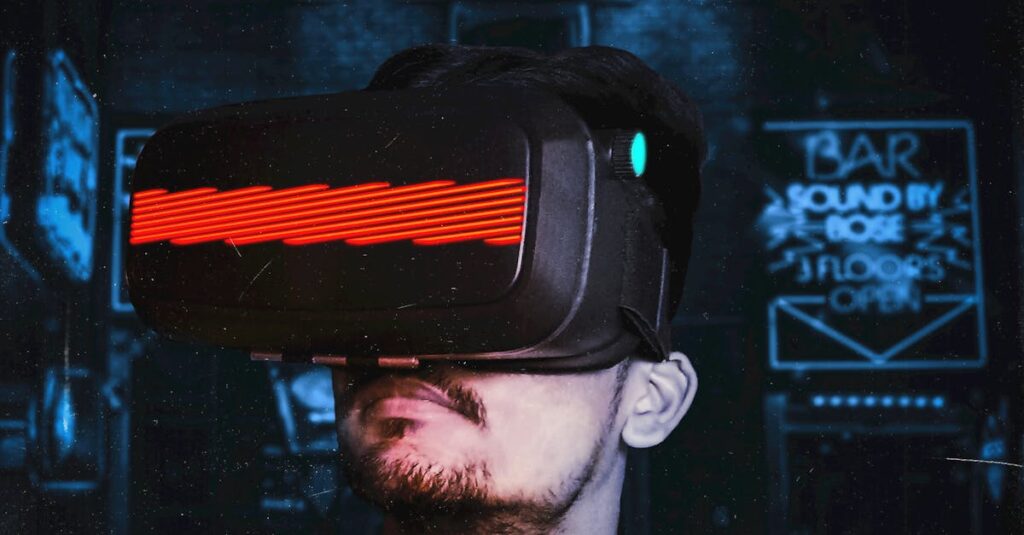 Young man immersed in a virtual reality experience using a VR headset, showcasing futuristic tech in a gaming environment.