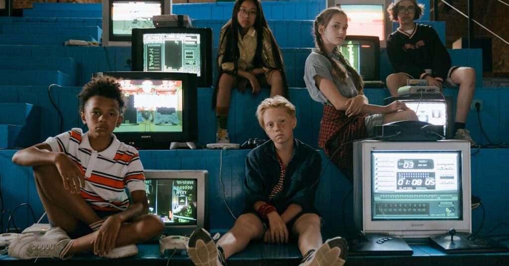 Teenagers enjoying retro video games in a nostalgic setting with vintage TVs and consoles.